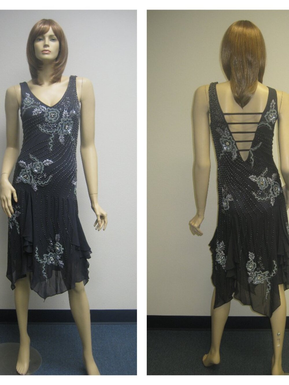 Sue Wong Nocturne Dress Y2K Cocktail 77 Flapper Sexy Grey Silver Beaded Art Deco